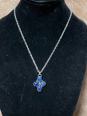 Sterling Silver lapis  Stone Cross Pendant Necklace
